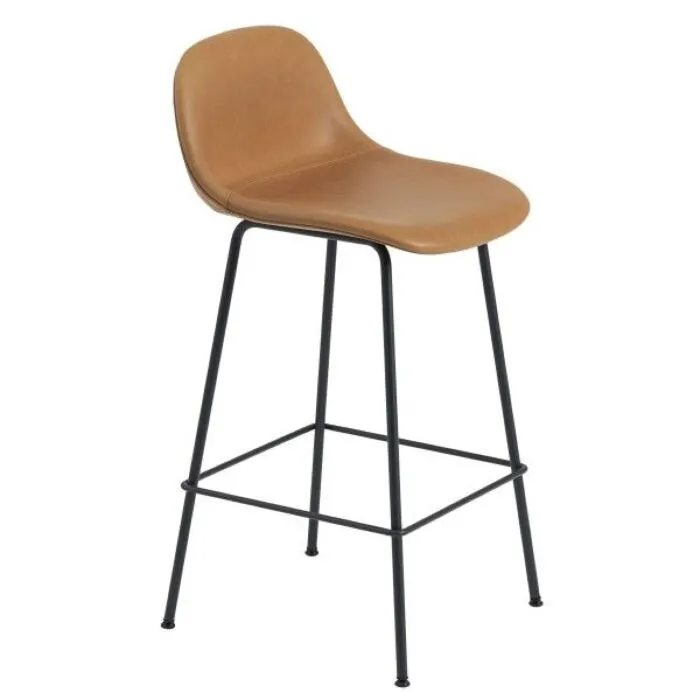 Rechtstreeks Van De Fabrikant muuto Fiber Backrest Tube gestoffeerde barkruk -Cognac leer-Zithoogte 65 cm