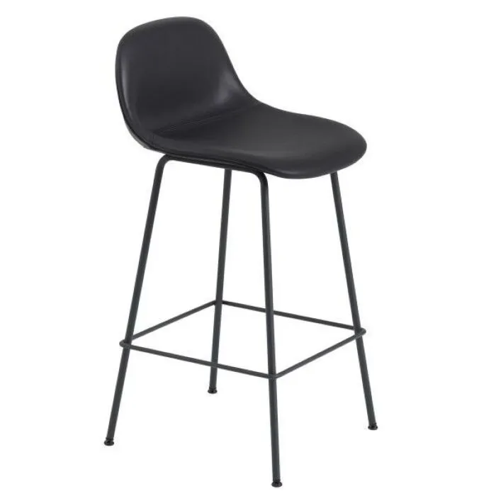 Voordeelprijs muuto Fiber Backrest Tube gestoffeerde barkruk -Zwart leer-Zithoogte 65 cm