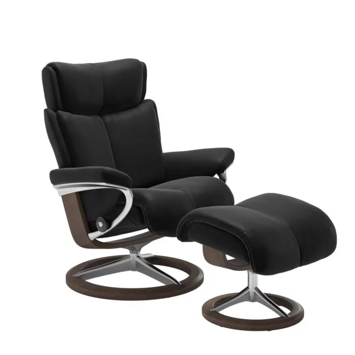 Stressless Magic M Signature chroom relaxfauteuil met hocker-Walnoot-Paloma Black Beperkt Aanbod