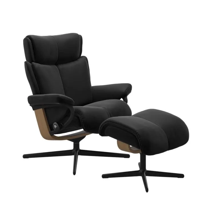Stressless Magic M Cross zwart relaxfauteuil met hocker-Paloma Black-Eiken Goedkoop