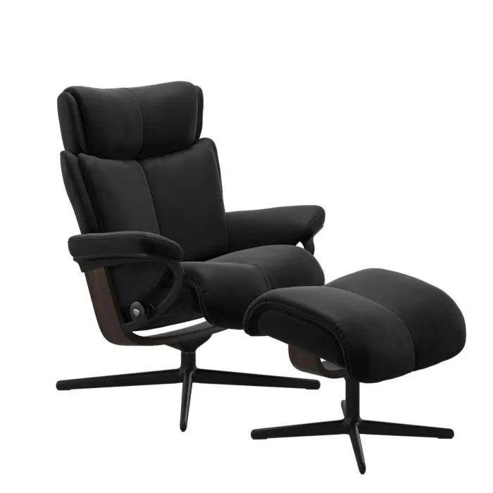 Stressless Magic M Cross zwart relaxfauteuil met hocker-Paloma Black-Wenge Direct Verzonden