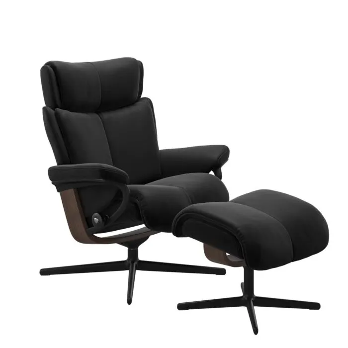 Stressless Magic M Cross zwart relaxfauteuil met hocker-Paloma Black-Walnoot Hoge Kwaliteit