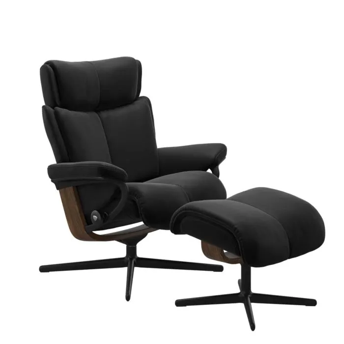 Stressless Magic M Cross zwart relaxfauteuil met hocker-Paloma Black-Teak Goedkoop