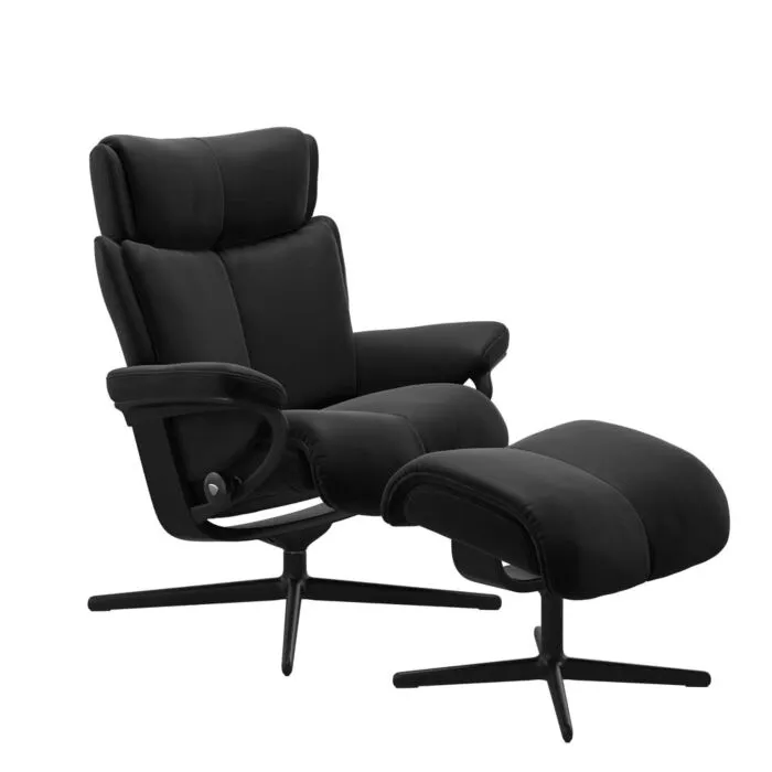 Stressless Magic M Cross zwart relaxfauteuil met hocker-Paloma Black-Zwart Tijdelijk Beschikbaar