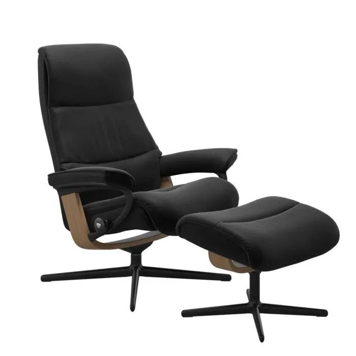 Stressless View M Cross zwart relaxfauteuil+hocker-Paloma Black-Eiken Premium