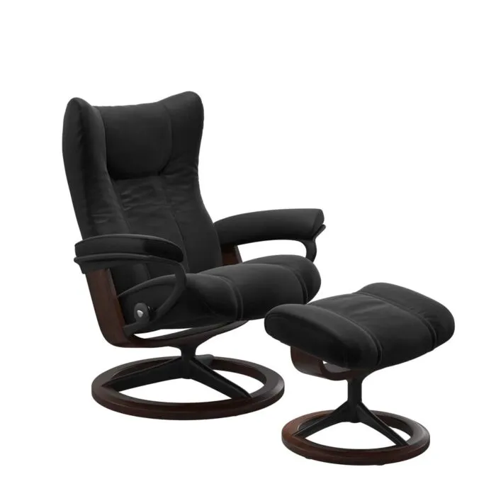 Favoriet Stressless Wing M Signature zwart relaxfauteuil+hocker-Paloma Black-Bruin