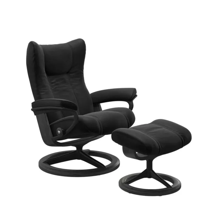 Stressless Wing M Signature zwart relaxfauteuil+hocker-Paloma Black-Grijs Hoge Kwaliteit