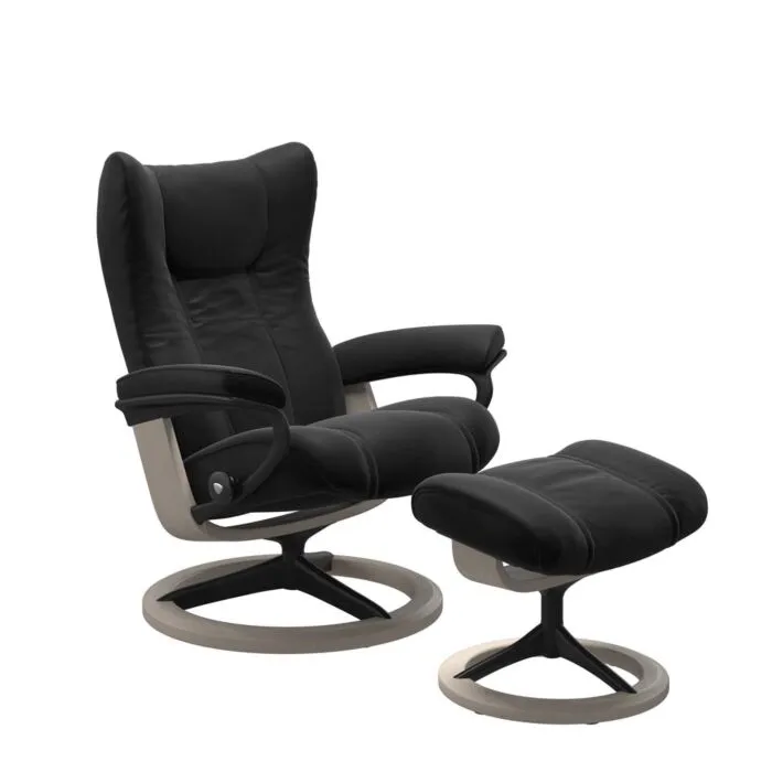 Gereduceerde Prijs Stressless Wing M Signature zwart relaxfauteuil+hocker-Paloma Black-Whitewash