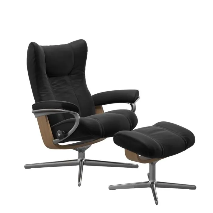 Stressless Wing M Cross chroom relaxfauteuil+hocker-Paloma Black-Eiken Direct Verzonden