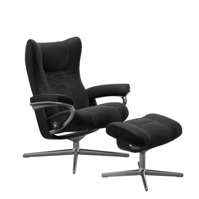 Korting Stressless Wing M Cross chroom relaxfauteuil+hocker-Paloma Black-Zwart