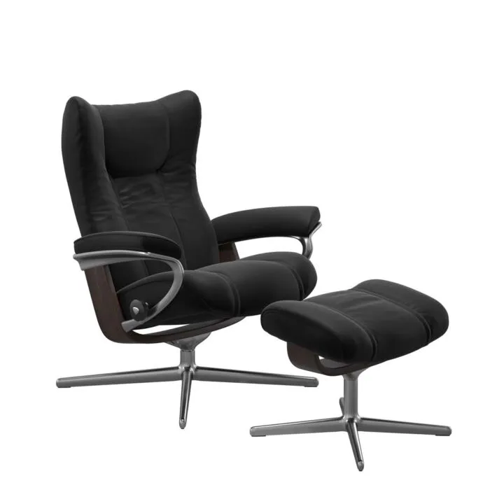 Stressless Wing M Cross chroom relaxfauteuil+hocker-Paloma Black-Wenge Finale Uitverkoop