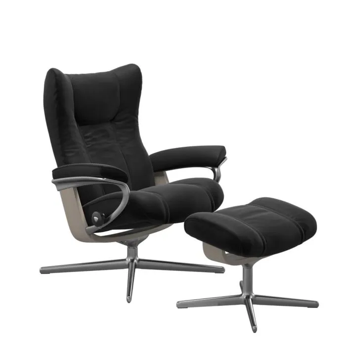 Speciale Aanbieding Stressless Wing M Cross chroom relaxfauteuil+hocker-Paloma Black-Whitewash