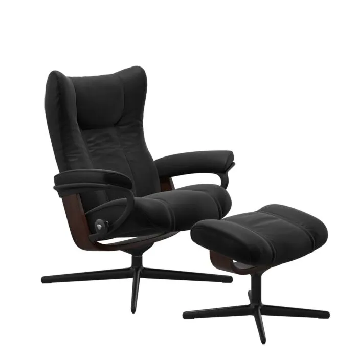 Stressless Wing M Cross zwart relaxfauteuil+hocker-Paloma Black-Bruin Gecertificeerd