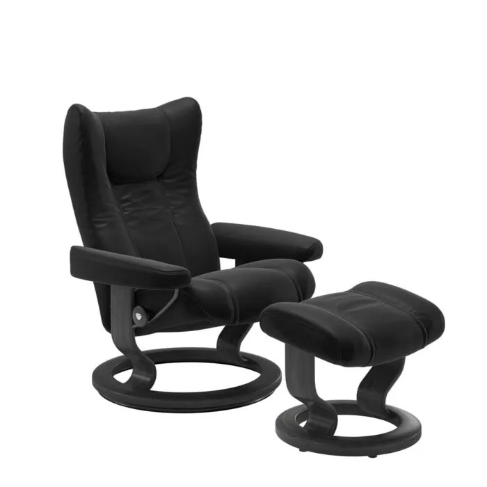 Laatste Kans Stressless Wing M Classic relaxfauteuil+hocker-Paloma Black-Grijs