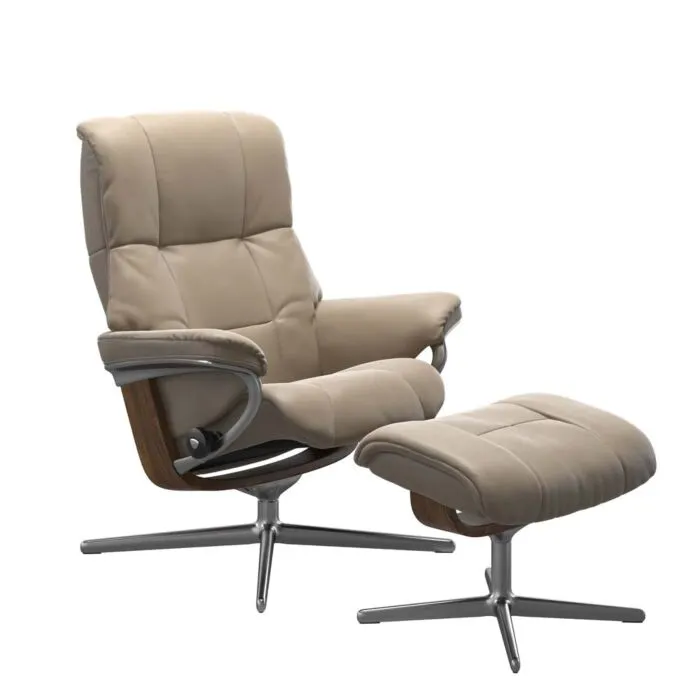 Stressless Mayfair M Cross chroom relaxfauteuil met hocker-Cori Fog-Teak Hoge Kwaliteit
