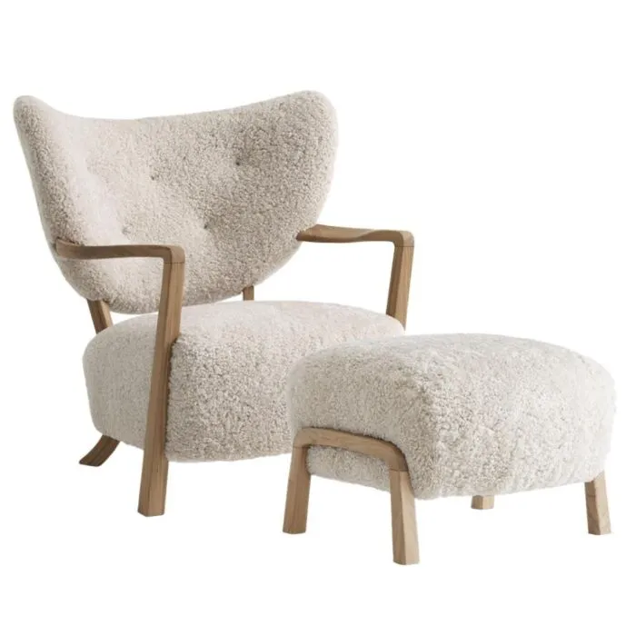 Laatste Versie &tradition Wulff fauteuil + poef oiled oak-Sheepskin 17mm, Moonlight