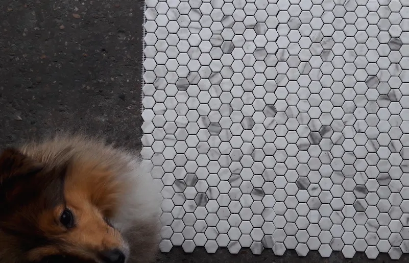 Koop Vandaag hexagon matte witgrijs calacatta marmerlook mozaïek 2,7 x 3 cm op matje per m2