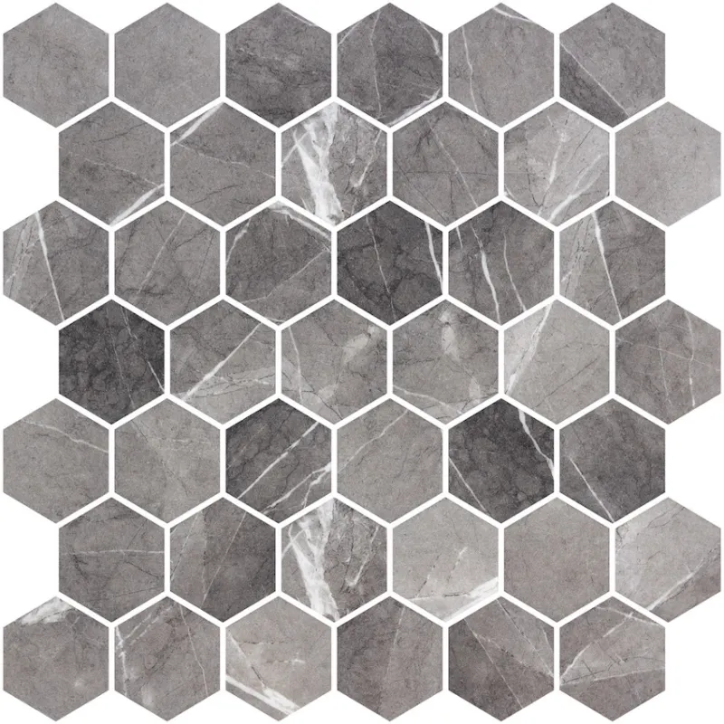 Uitverkoop Hexagon XL glasmozaiek antislip marmerlook grijs gemêleerd mat 5 x 5 cm op matje per 0,49 m2