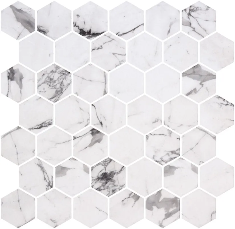 Hexagon XL glasmozaiek antislip marmerlook wit met zwarte aders mat 5 x 5 cm op matje per 0,49 m2 Dagaanbieding
