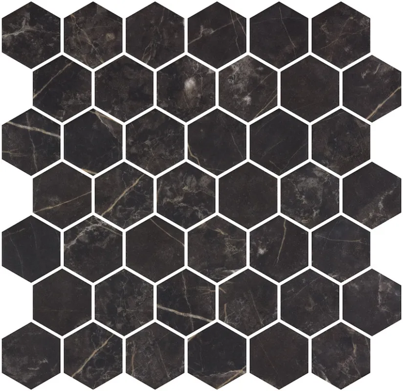 Hexagon XL glasmozaiek antislip marmerlook zwart gemêleerd mat 5 x 5 cm op matje per 0,49 m2 Actieprijs