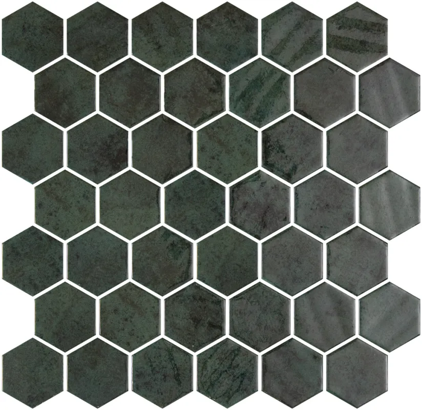 Hexagon XL glasmozaiek donkergroen mosgroen glanzend 5 x 5 cm op matje per 0,49 m2 Nieuw