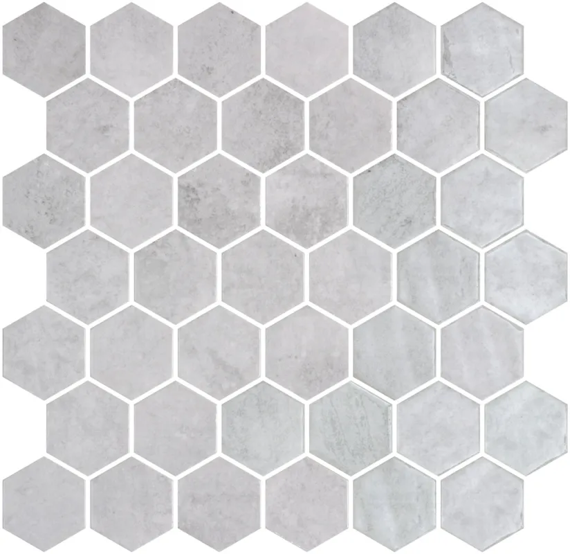 Koopje Hexagon XL glasmozaiek lichtgrijs glanzend 5 x 5 cm op matje per 0,49 m2