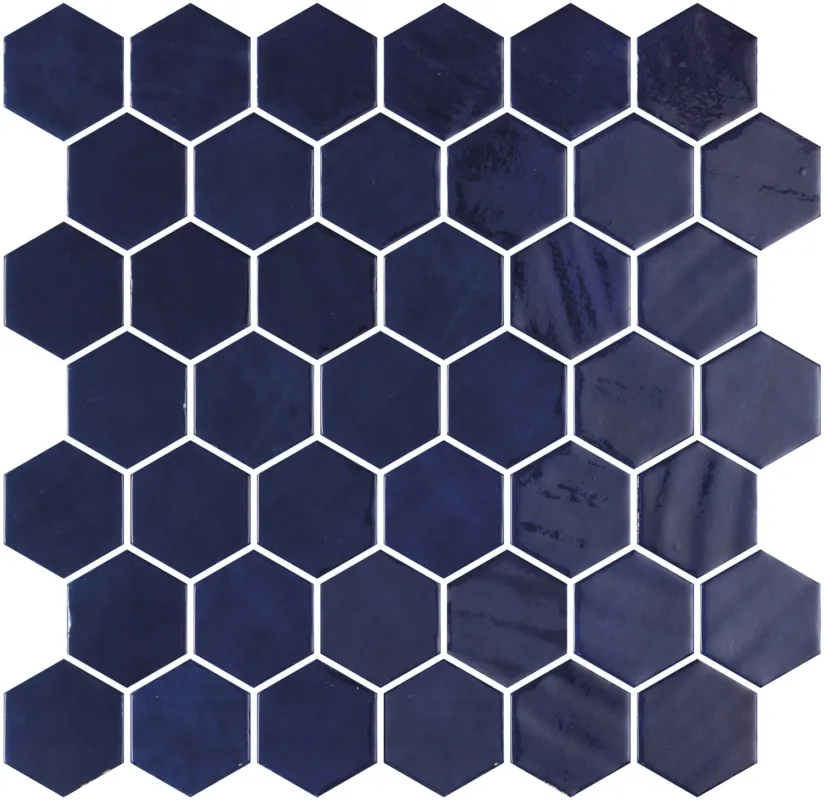 Premium Hexagon XL glasmozaiek petrol blauw glanzend 5 x 5 cm op matje per 0,49 m2