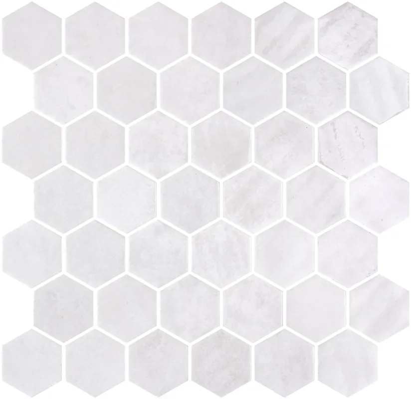 Lage Kosten Hexagon XL glasmozaiek wit grijs glanzend 5 x 5 cm op matje per 0,49 m2