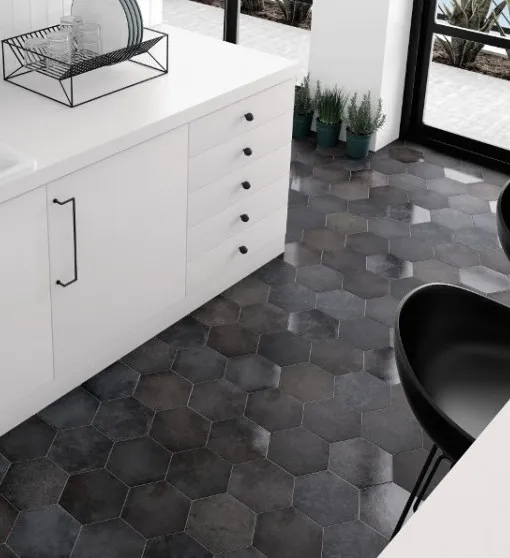 Finale Uitverkoop Hexagonaal London mat zwart antraciet wand- en vloertegel 17,5 x 20 cm per 0,7 m2