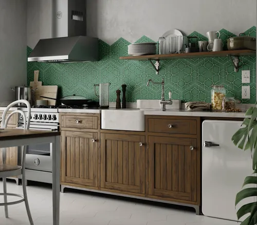 Speciale Aanbieding 6 hoek tegel lotus in zeegroen met witlijnenspel keramische hexagon