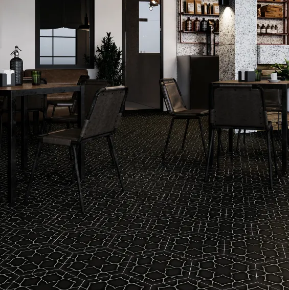 Goedkoop 6 hoek tegel lotus in zwart antraciet met witlijnenspel keramische hexagon