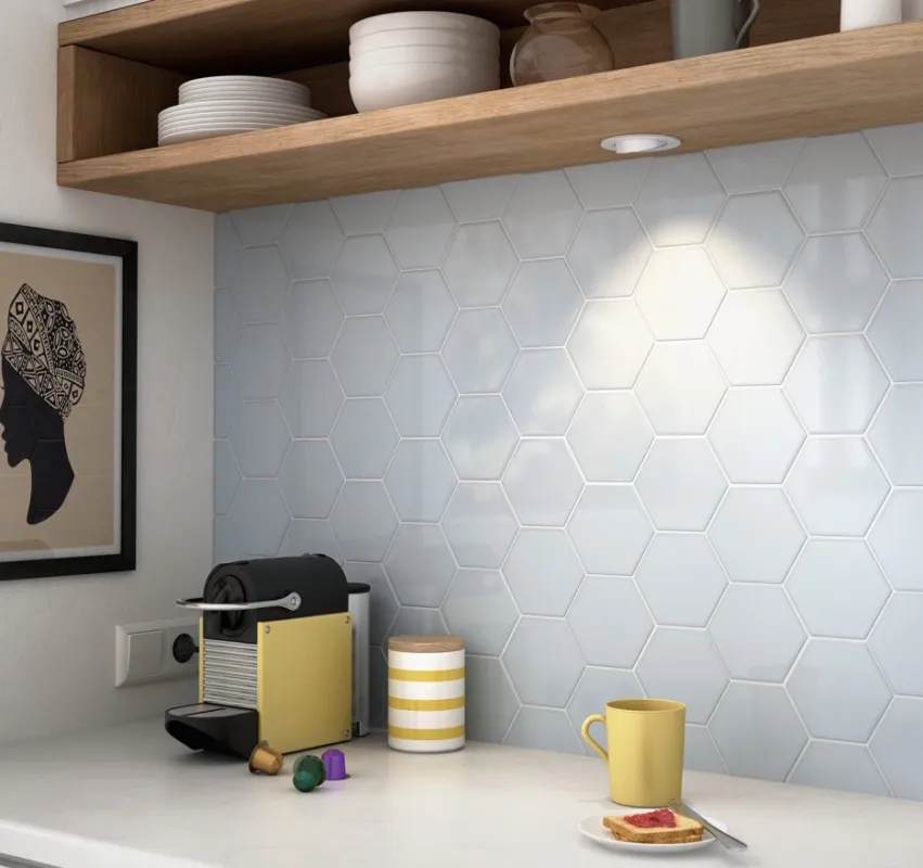 Actieprijs Luxor hexagon hemelsblauw glanzend tegeltje 10,7 x 12,4 cm per 0,5 m2