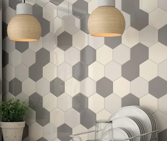 Actieprijs Luxor hexagon tegeltje beige glanzend 10,7 x 12,4 cm per 0,5 m2