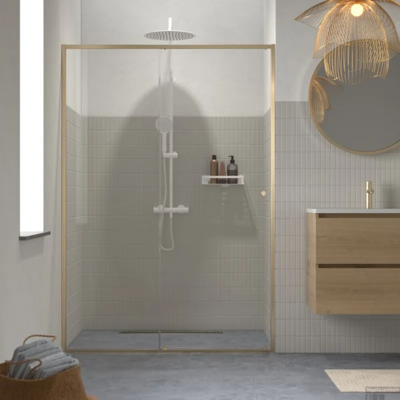 Koopje Schuifdeur Sealskin Contour Voor Nis 140x200 cm, 6 mm Helder Veiligheidsglas met Antikalklaag Geborsteld Goud