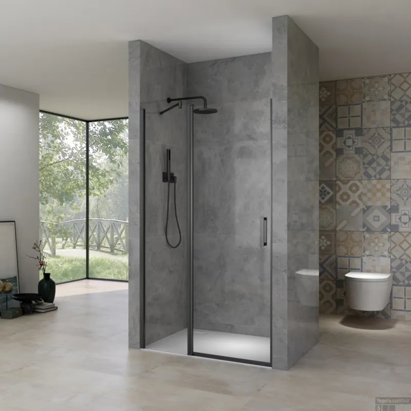 Nisdeur Van Rijn ST02 118x200 cm Draaideur 6 mm Met Vaste Wand 8mm Zwart Nieuw