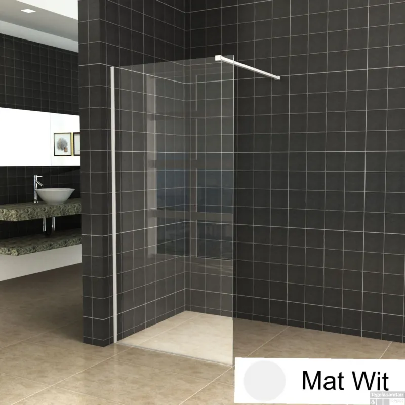 BWS Inloopdouche Pro Line Helder Glas 70x200 Mat Wit Profiel en Stabilisatiestang Gecertificeerd