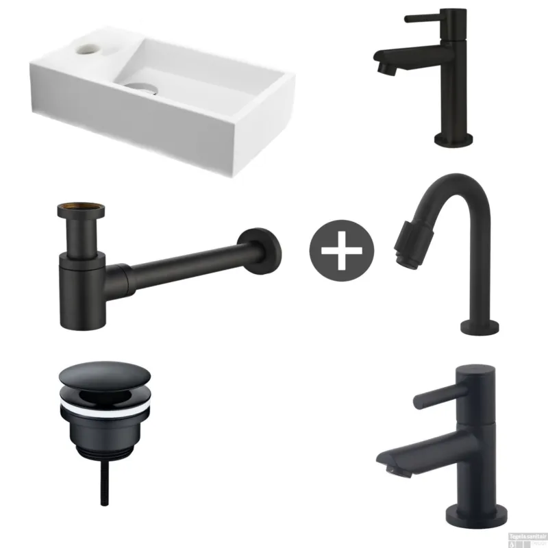 Dagaanbieding Fonteinpack Solid Surface Links Mat Wit 40x22x10 cm (Keuze uit 4 zwarte kranen)