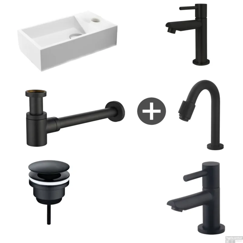 Fonteinpack Solid Surface Rechts Mat Wit 40x22x10 cm (Keuze uit 4 zwarte kranen) Rechtstreeks Van De Fabrikant