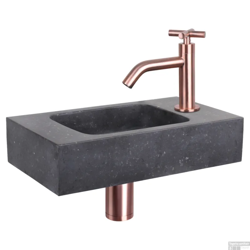 Must-Have Fonteinset Differnz Bombai Natuursteen 40x22x9 cm Zwart Met Gebogen Kruis Kraan Rood Koper