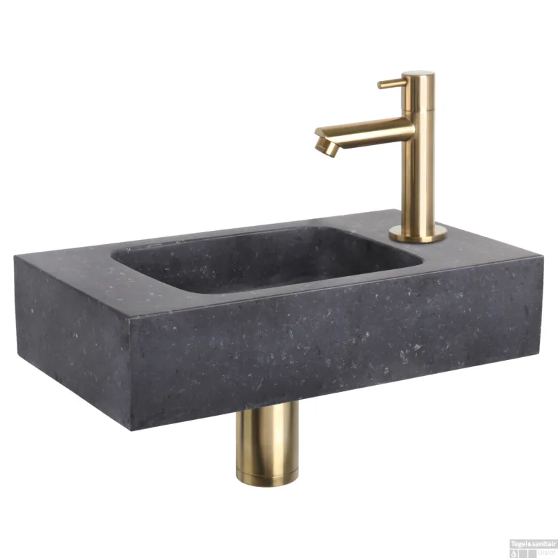 Fonteinset Differnz Bombai Natuursteen 40x22x9 cm Zwart Met Rechte Kraan Mat Goud Lage Kosten