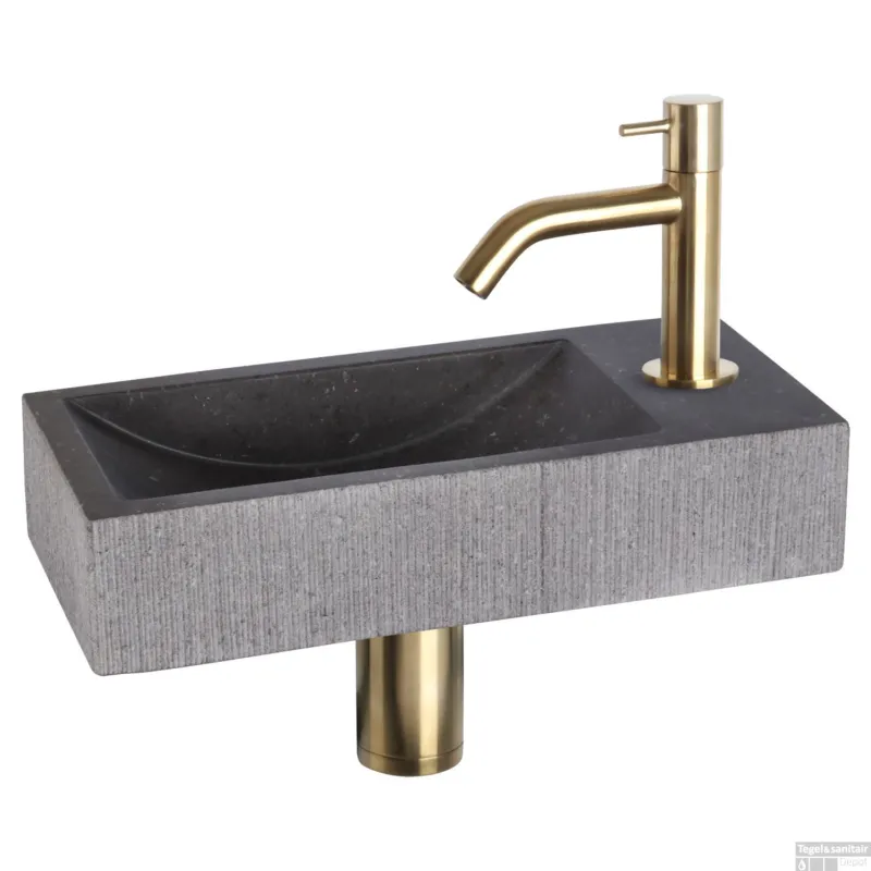 Fonteinset Differnz Ribble Natuursteen 38x18x8 cm Zwart Met Gebogen Kraan Mat Goud Beperkte Voorraad