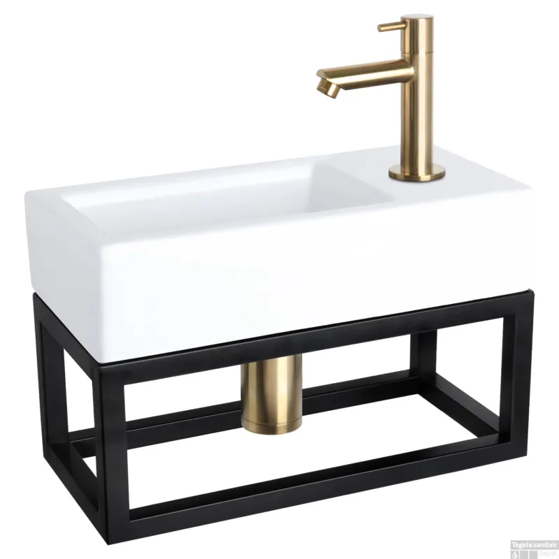 Fonteinset Differnz Ravo Keramiek Met Handoekrek 38.5x18.5x9 cm Wit Met Rechte Kraan Mat Goud Veilige Betaling