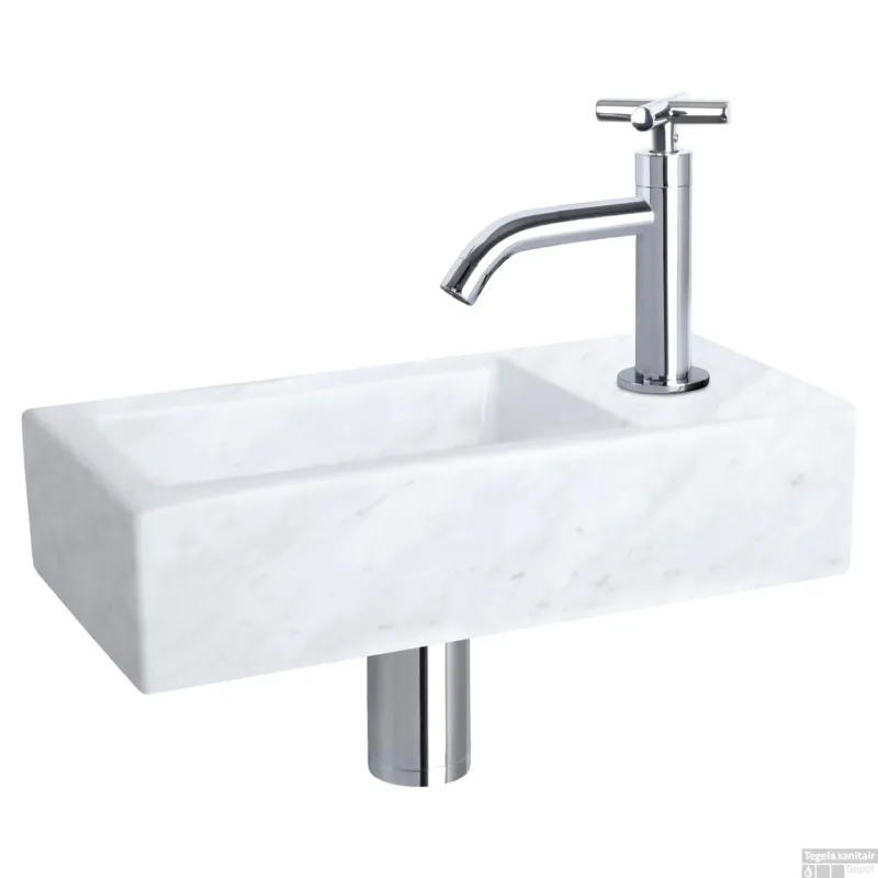 Fonteinset Differnz Helios 37.5x18.5x9.5 cm Marmer Wit Met Gebogen Kruis Kraan Chroom Direct Verzonden
