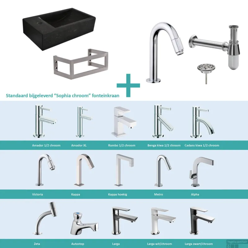 Populair FonteinPack Recto Natuursteen Links Met MontageFrame 40x22x10 cm Chroom (Keuze uit 20 kranen)