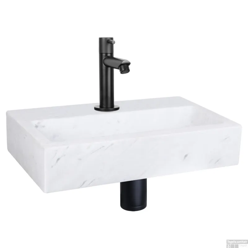 Gratis Retour Fonteinset Differnz Flat Marmer 38x24x8 cm Wit Met Rechte Kraan Mat Zwart