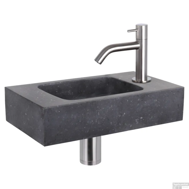 Fonteinset Differnz Bombai Natuursteen 40x22x9 cm Zwart Met Gebogen Kraan Mat Chroom Gratis Retour