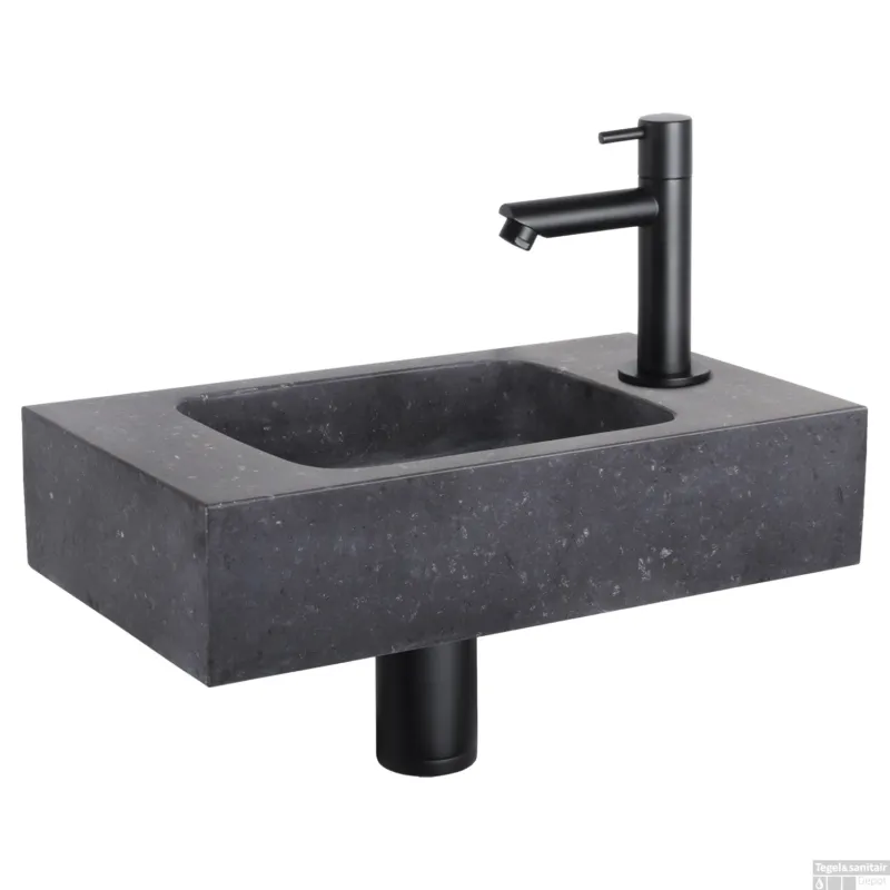 Fonteinset Differnz Bombai Natuursteen 40x22x9 cm Zwart Met Rechte Kraan Mat Zwart Populair