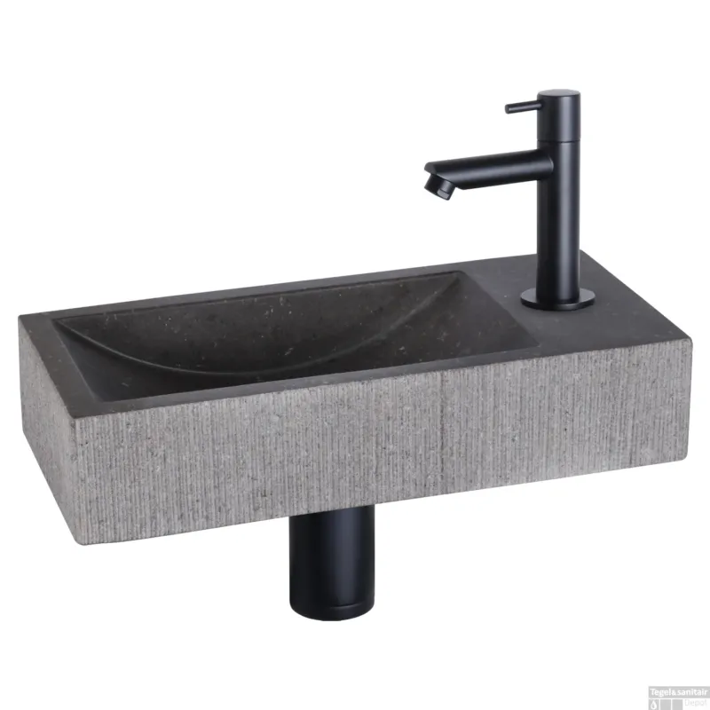 Fonteinset Differnz Ribble Natuursteen 38x18x8 cm Zwart Met Rechte Kraan Mat Zwart Goedkoop