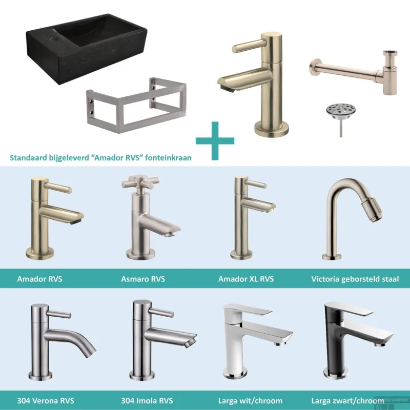 FonteinPack Recto Natuursteen Links Met Montageframe 40x22x10 cm RVS (Keuze uit 8 kranen) Uitverkoop