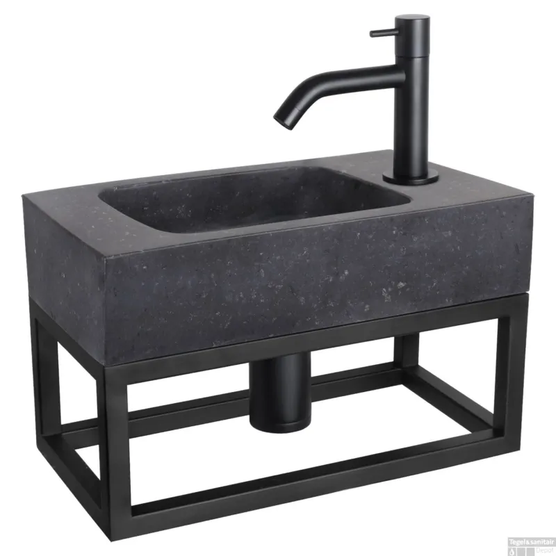 Fonteinset Differnz Bombai Natuursteen en Handoekrek 40x22x9 cm Zwart Met Gebogen Kraan Mat Zwart Direct Verzonden